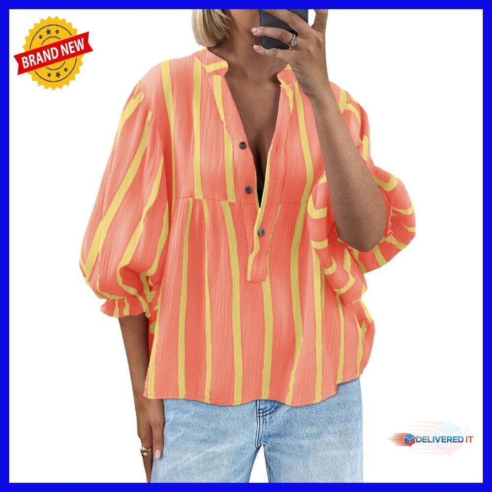 Puff Sleeve Babydoll Top V-Neck Striped Blouse Loose Fit Flowy Shirt